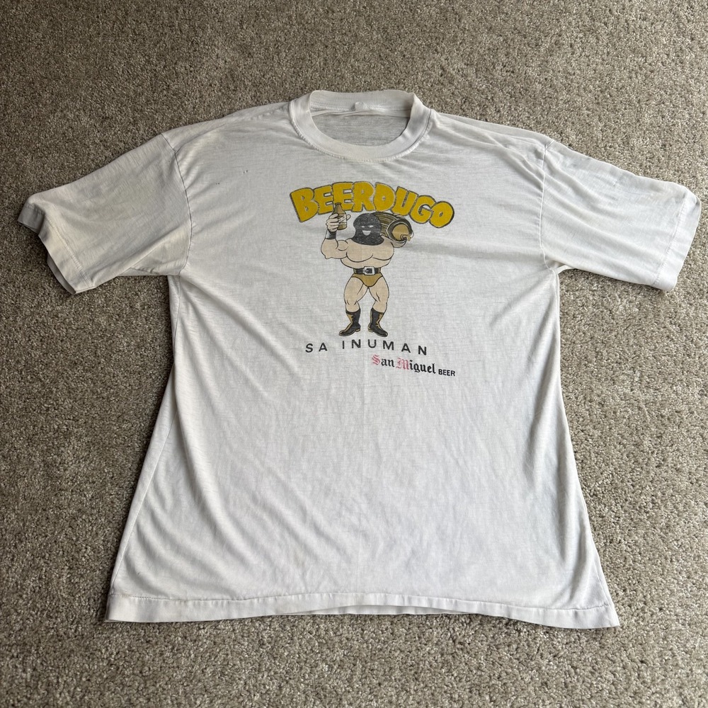 Vintage Beerdugo San Miguel Beer Shirt Mens Medium White Cartoon Tee T-Shirt